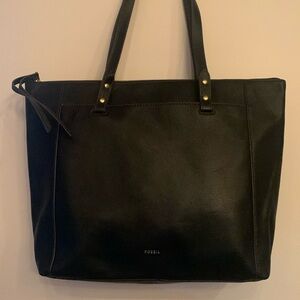 Fossil black genuine leather shoulder tote bag